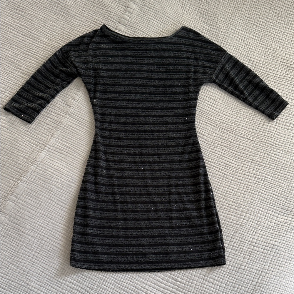 Express Black and Gray Sequined Striped 3/4 Sleeve Dress